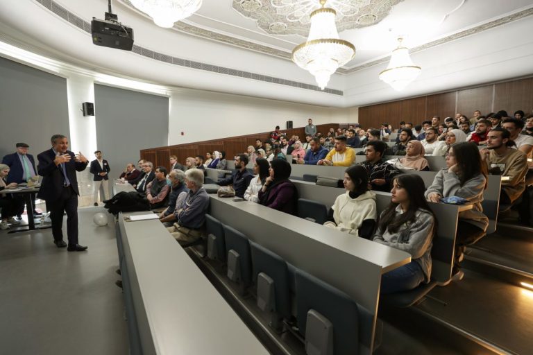 Student at international studies lecture.